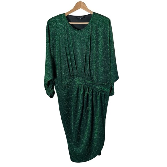 ELOQUII Tulip Skirt Ruched Metallic Emerald Green Mini Dress - Picture 3 of 9